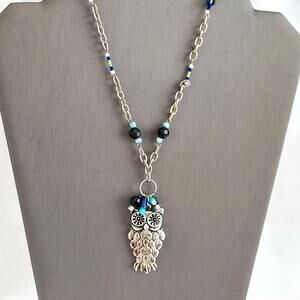 Owl Pendant Necklace Silver Tone Aqua Blue & Black Beads 14" Costume Jewelry